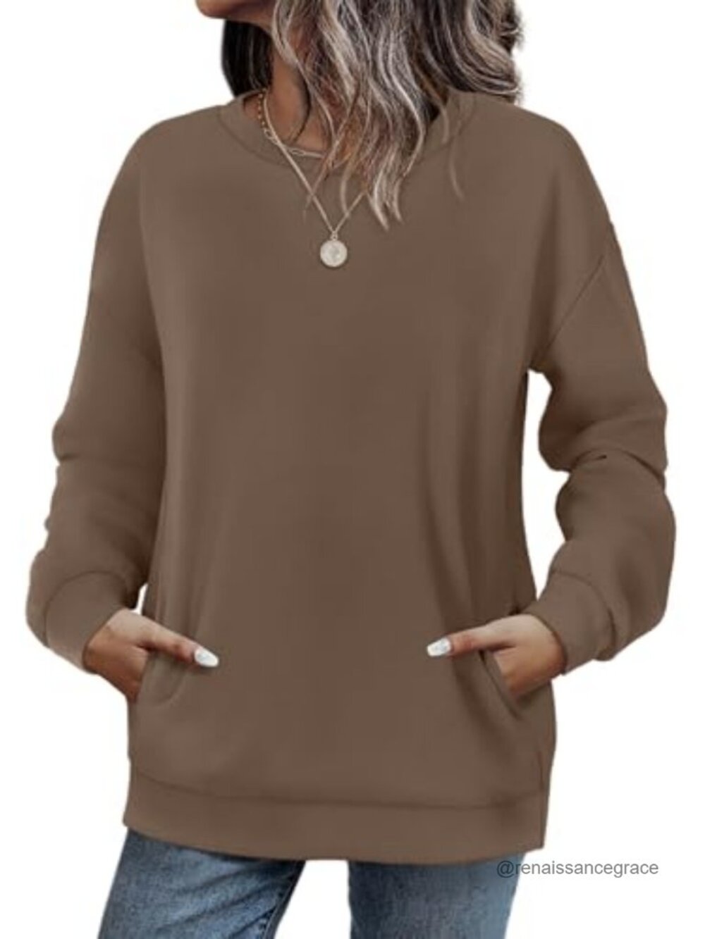 WIHOLL Women's Crewneck Sweatshirt with Hidden Pocket Long Sleeve